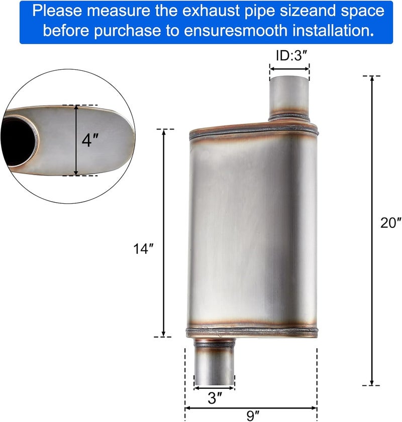 Floshine Universal 409 Stainless Muffler Straight-Through Performance Muffler Exhaust, offset in | offset out (3") - Image 2